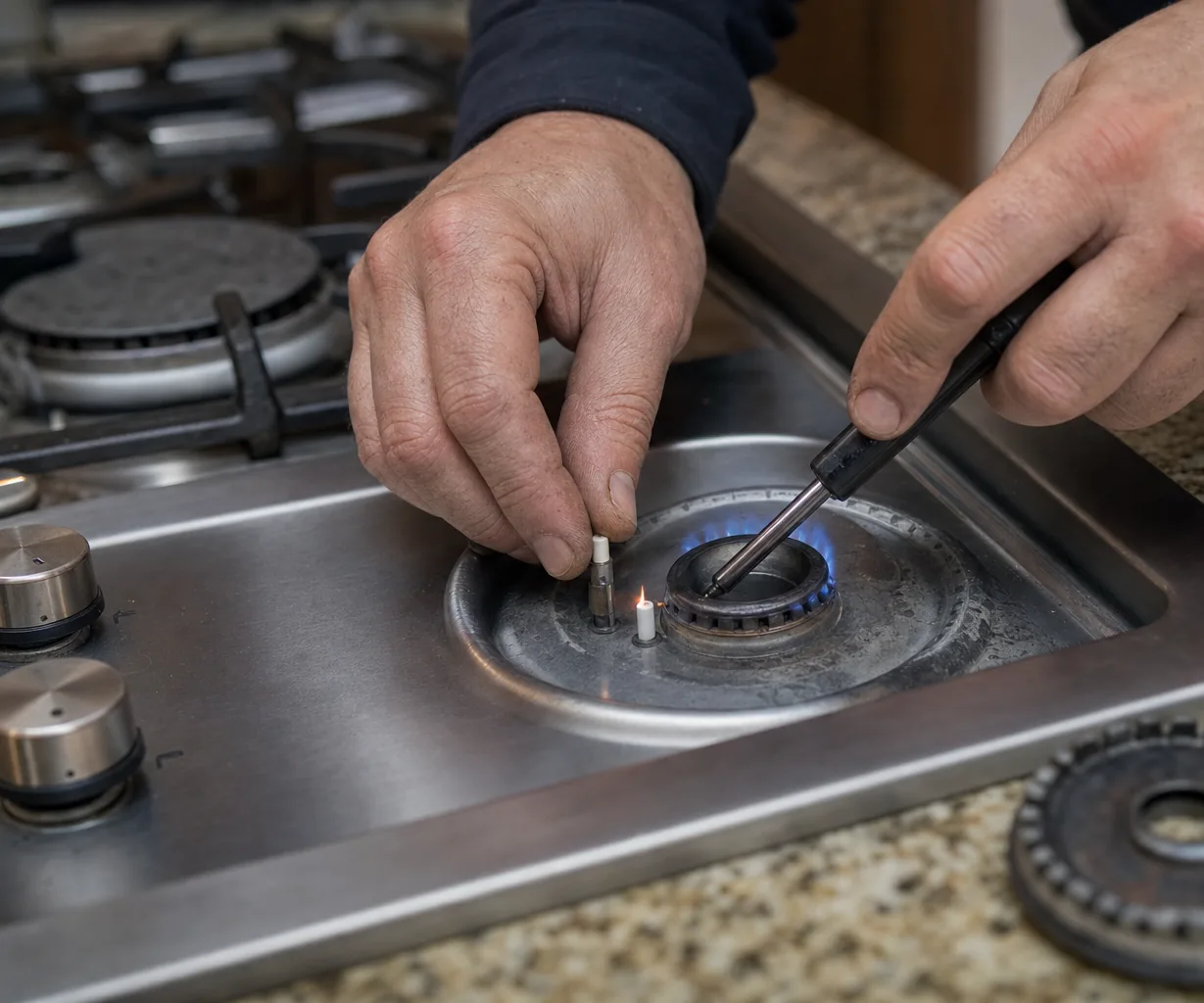 Technician adjusting a gas cooktop burner