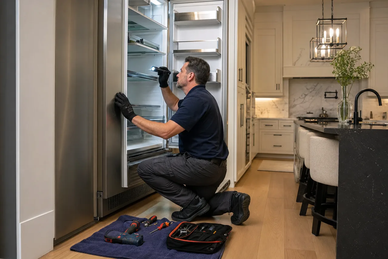 Technician repairing a built-in refrigerator mid-repair