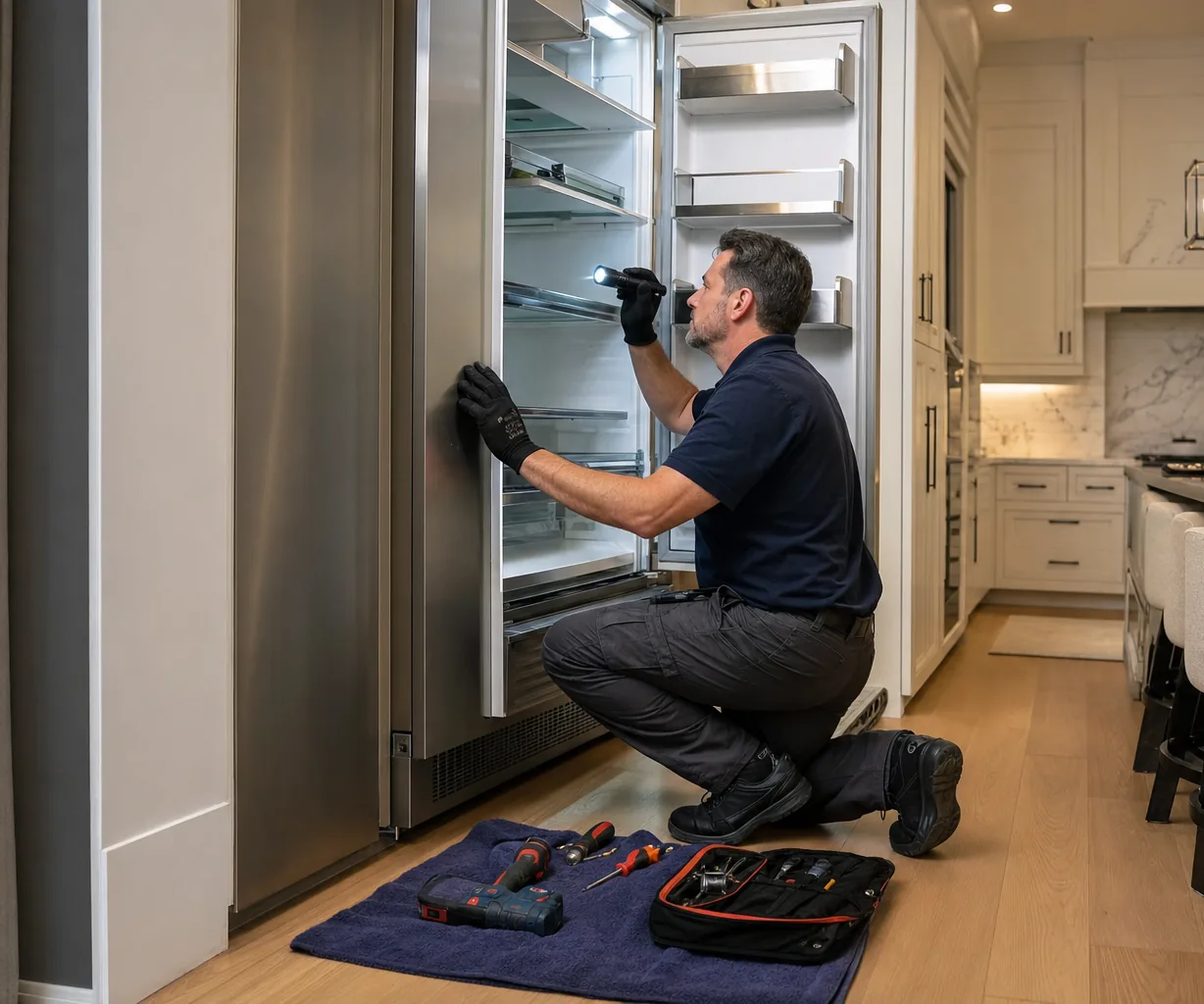 Technician repairing a built-in refrigerator up close