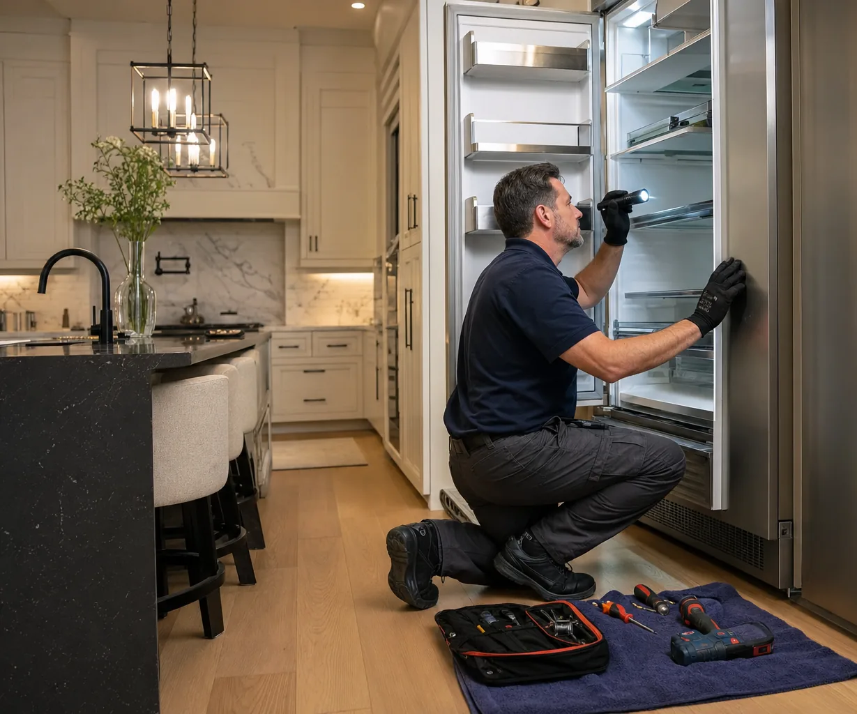 Technician repairing a built-in refrigerator up close