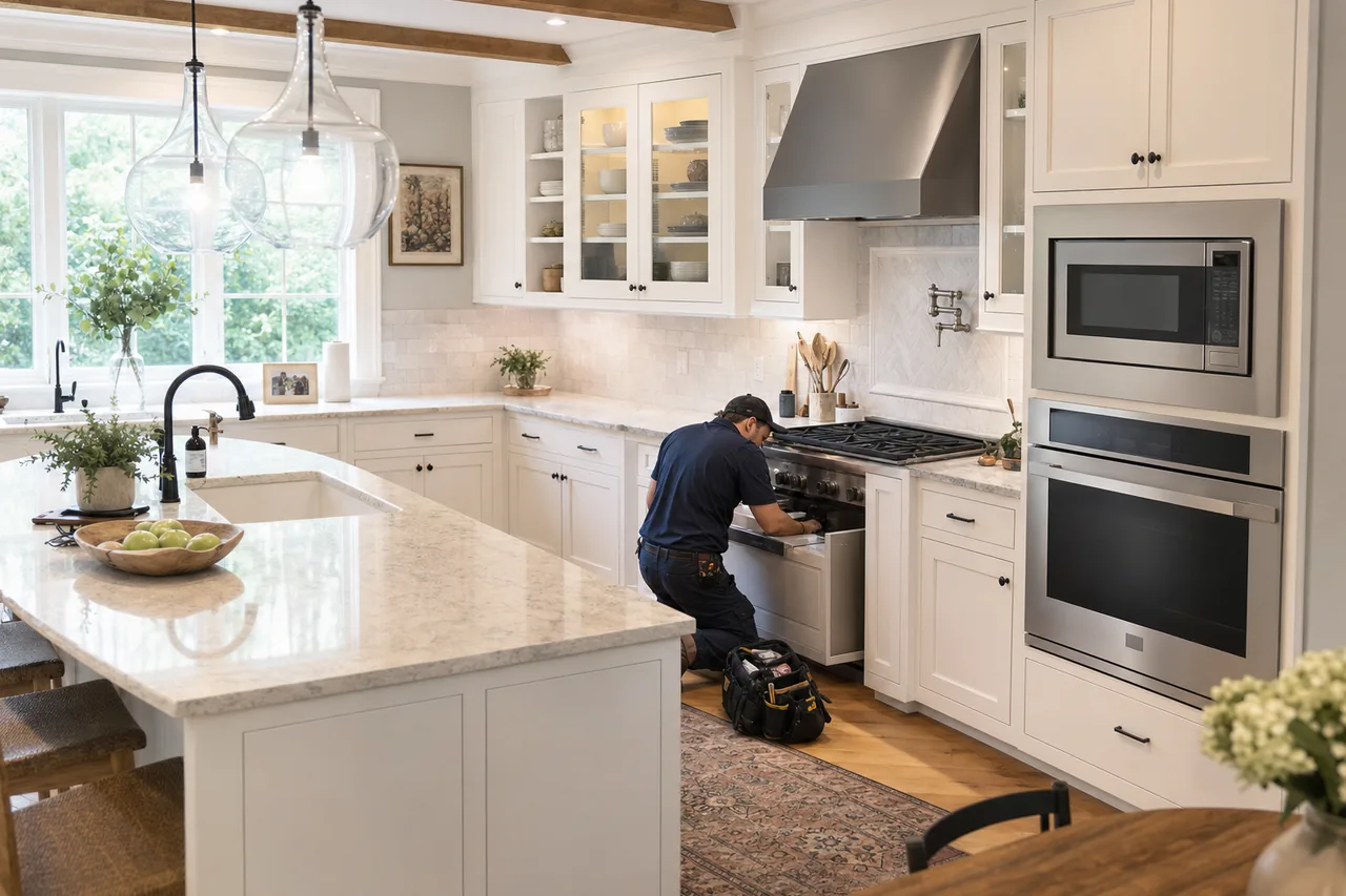 A luxury kitchen with built-in stainless appliances in an Old Westbury kitchen