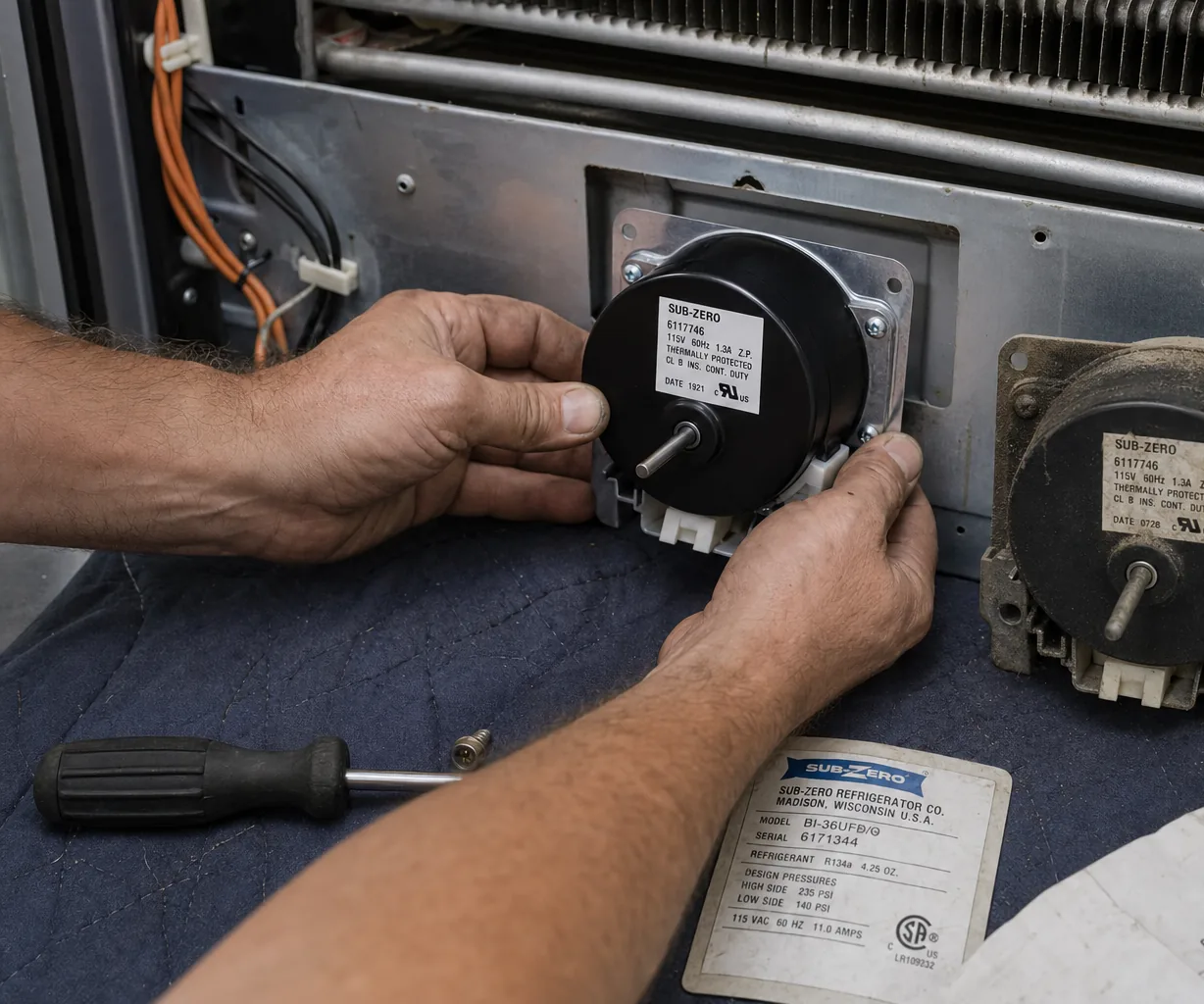 Close-up of an OEM appliance part replacement in an Old Westbury kitchen