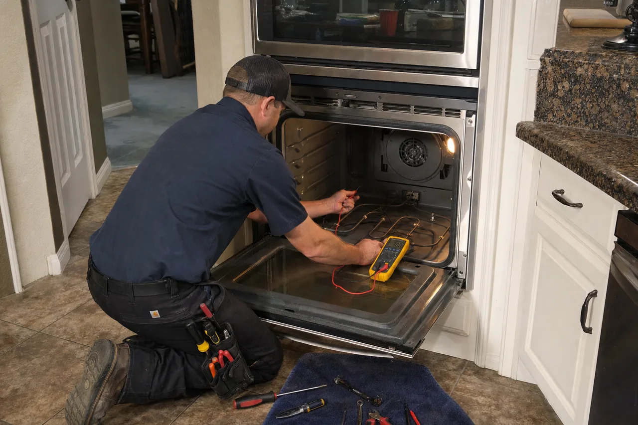 Technician servicing a built-in wall oven up close