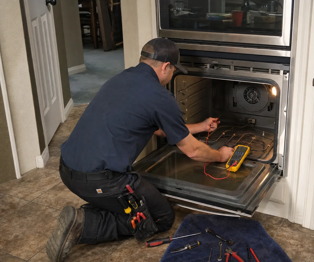 Technician servicing a built-in wall oven up close