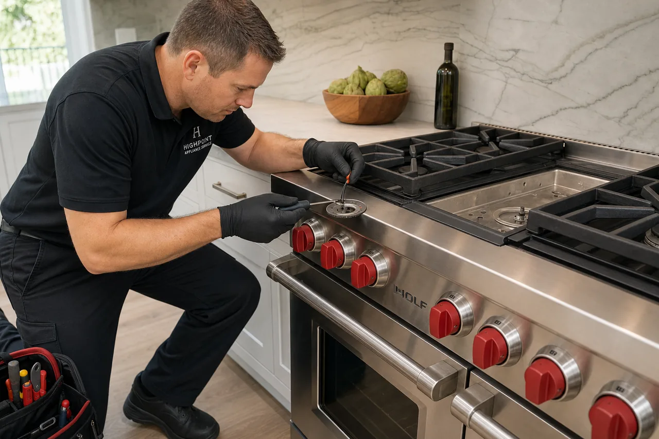 Technician servicing a stainless Wolf range on a same-day visit